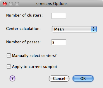 The options dialog provided by the k-means clustering algorithm